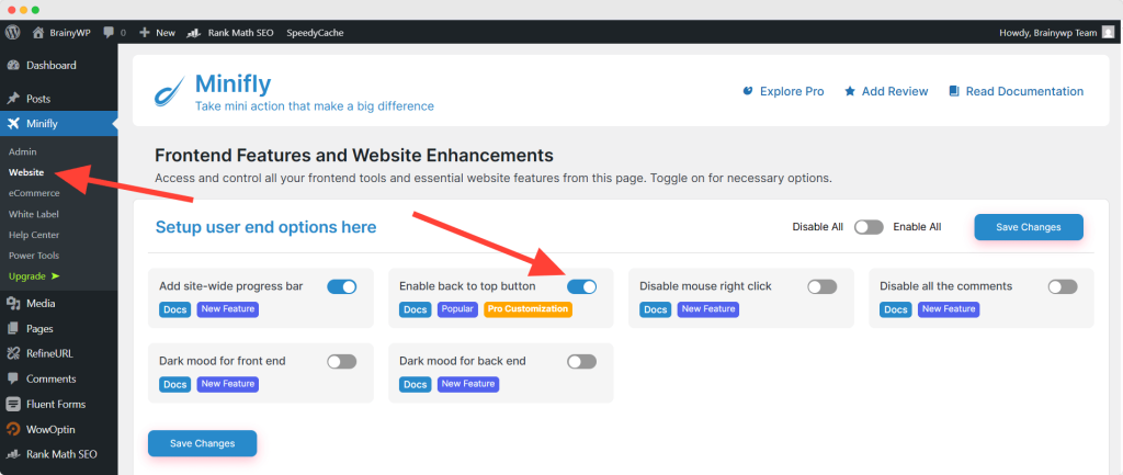 Add WordPress Back to Top Button Free, Minifly back to top, Brainywp