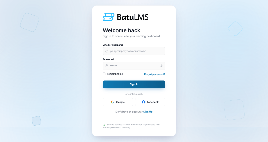 Batu LMS login page, Brainwyp, Batu LMS v1.0.2